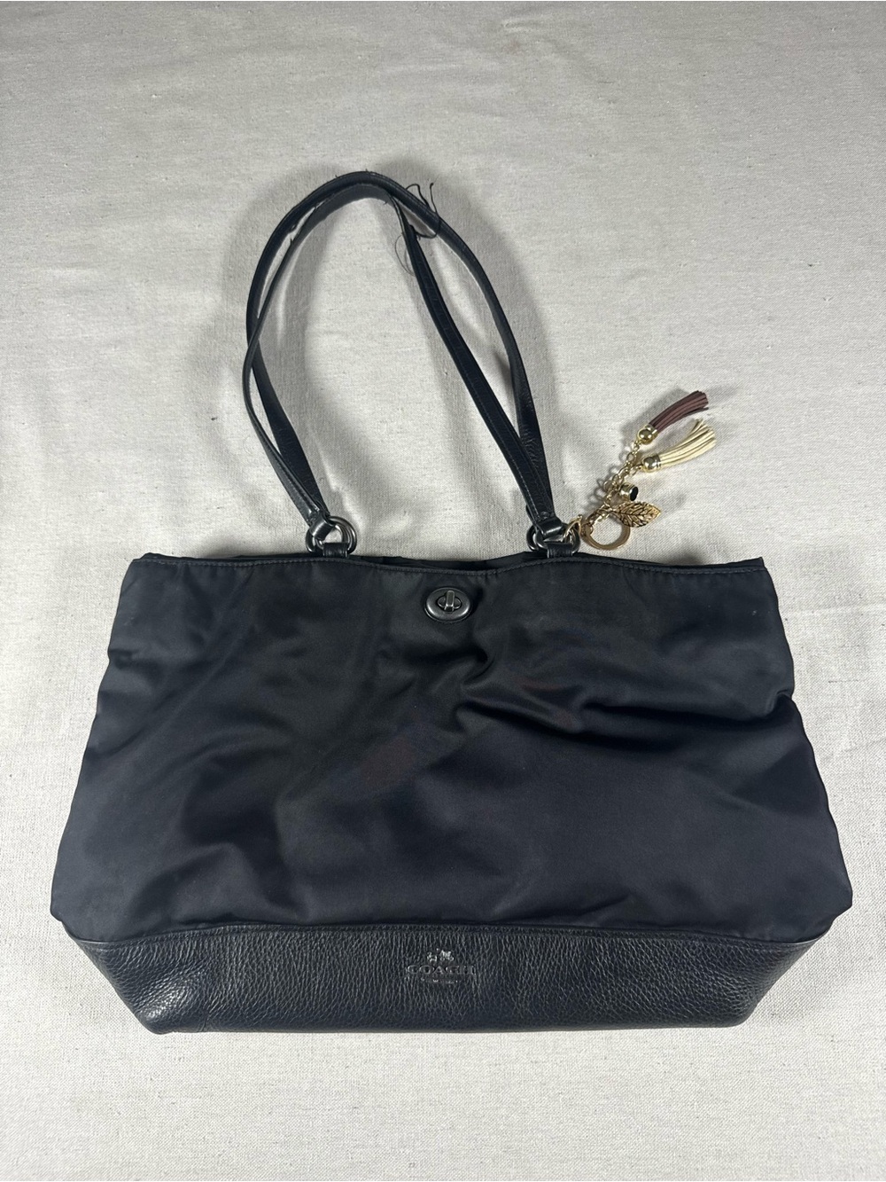 Black Coach Turnlock Tote in Nylon And Leather